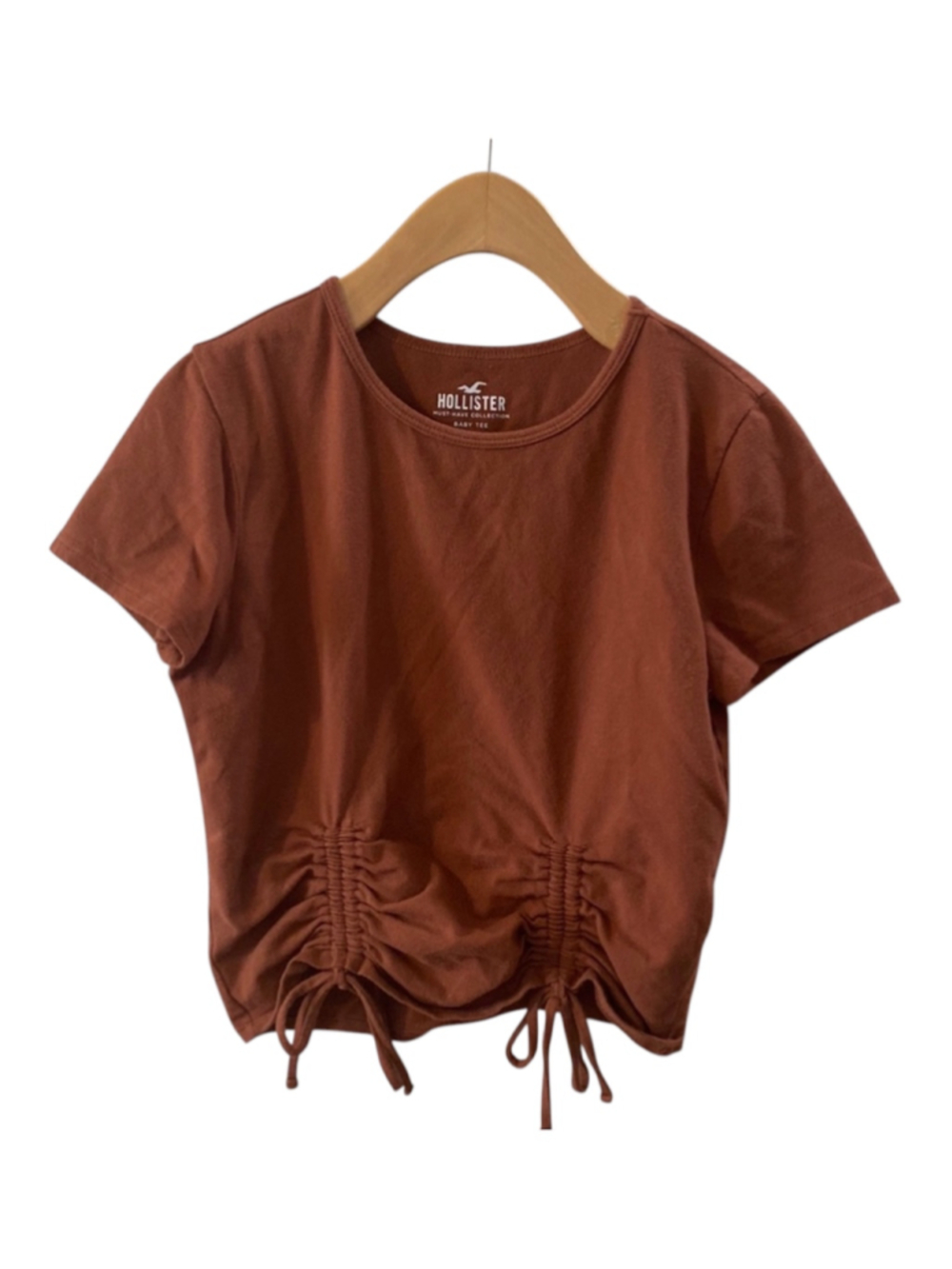 Hollister Baby Tee Bundle Lot (2) XXL Black & Rust Brown Ruched Cinch Hem Crew - Picture 3 of 14